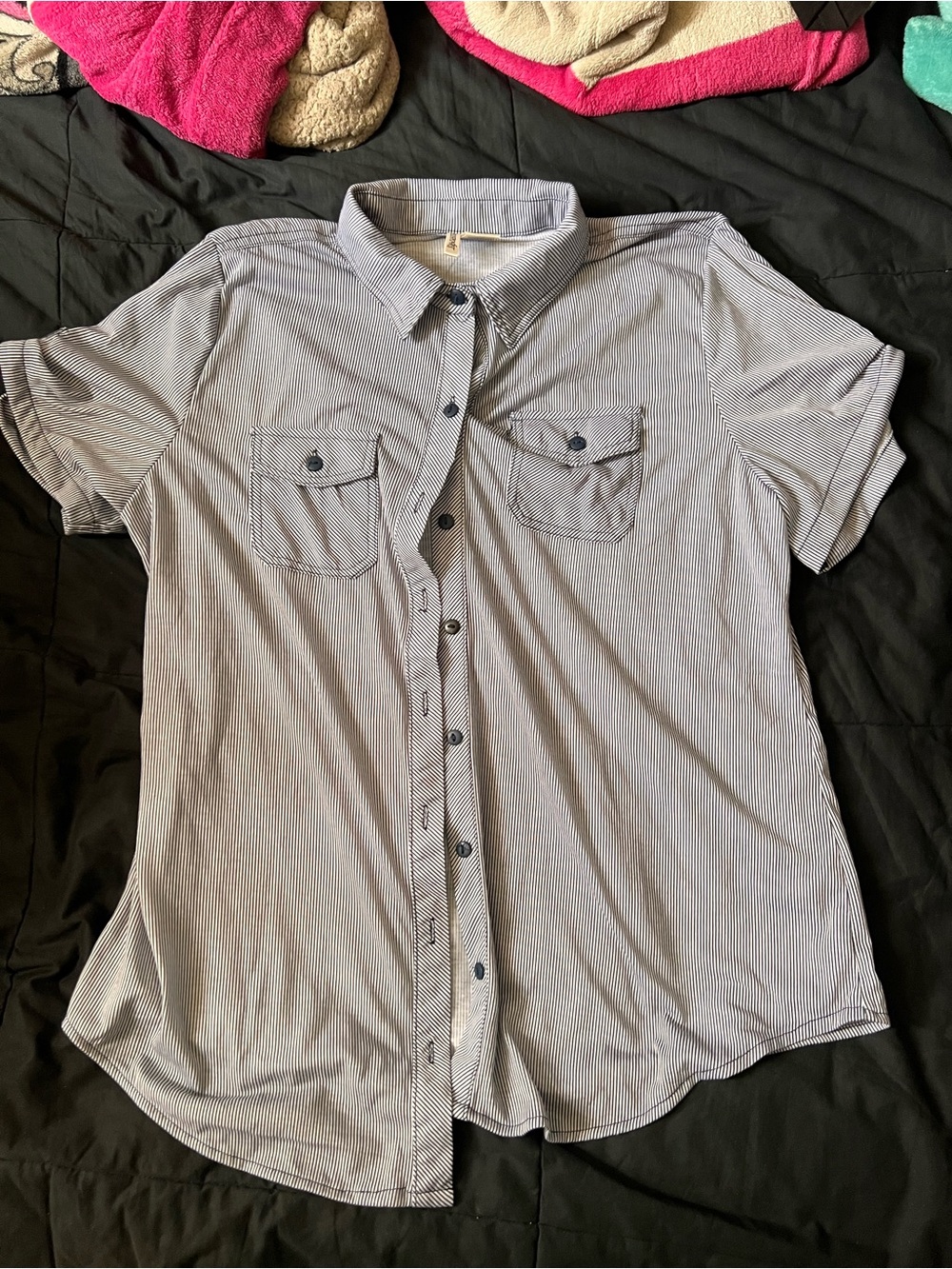 Women's Short-Sleeve Button-Down Shirt in Light Blue Pinstripe
